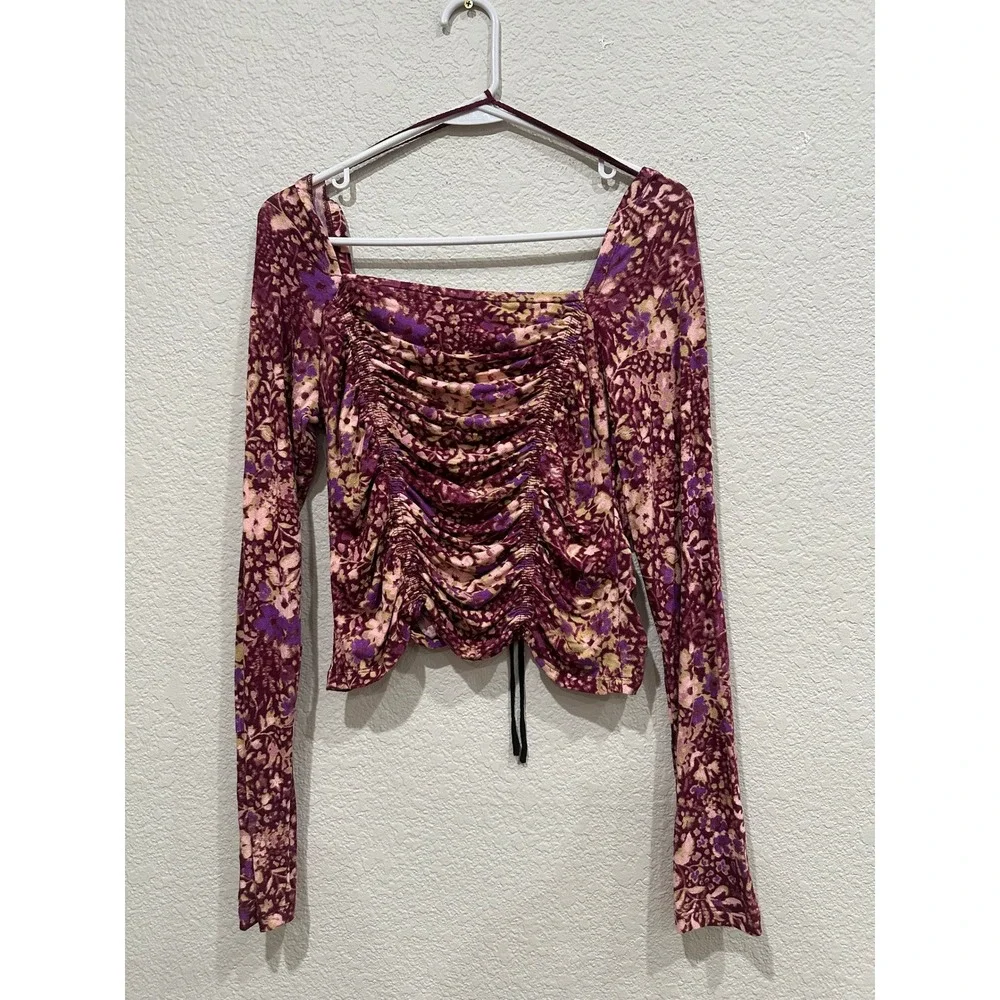 Free People Layer It On Me Long Sleeve Floral Ruched  Purple Lace Trim Large